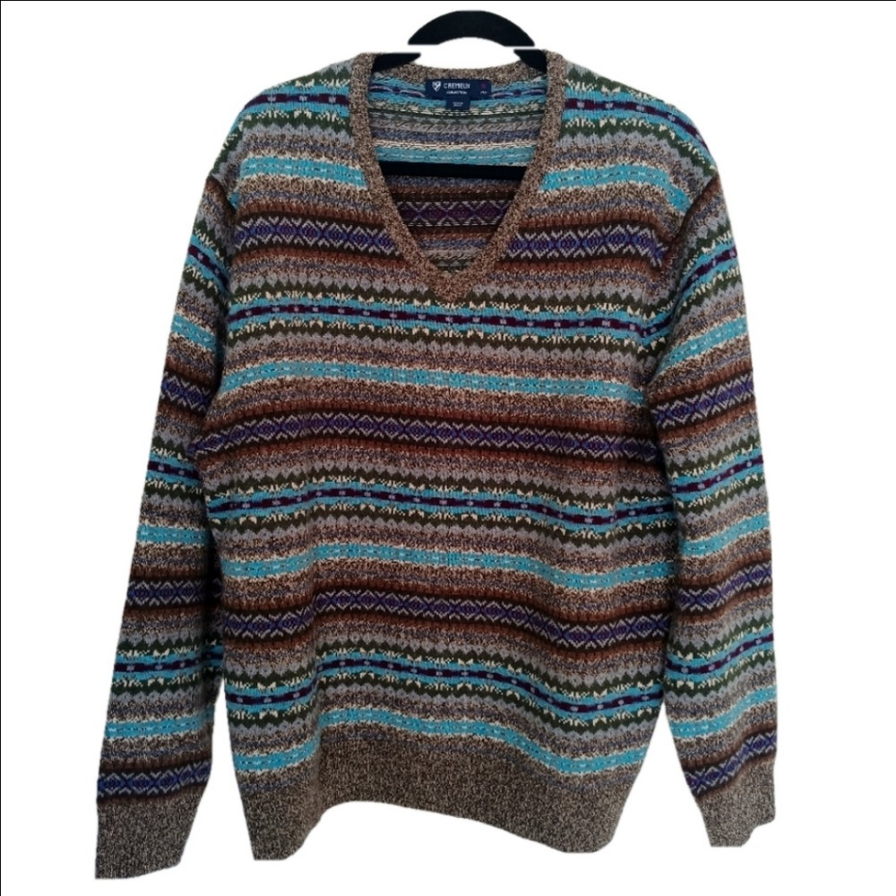 Cremieux V-Neck Sweater Mens XL Brown Blue Fair Isle 100% Extra Fine Merino Wool